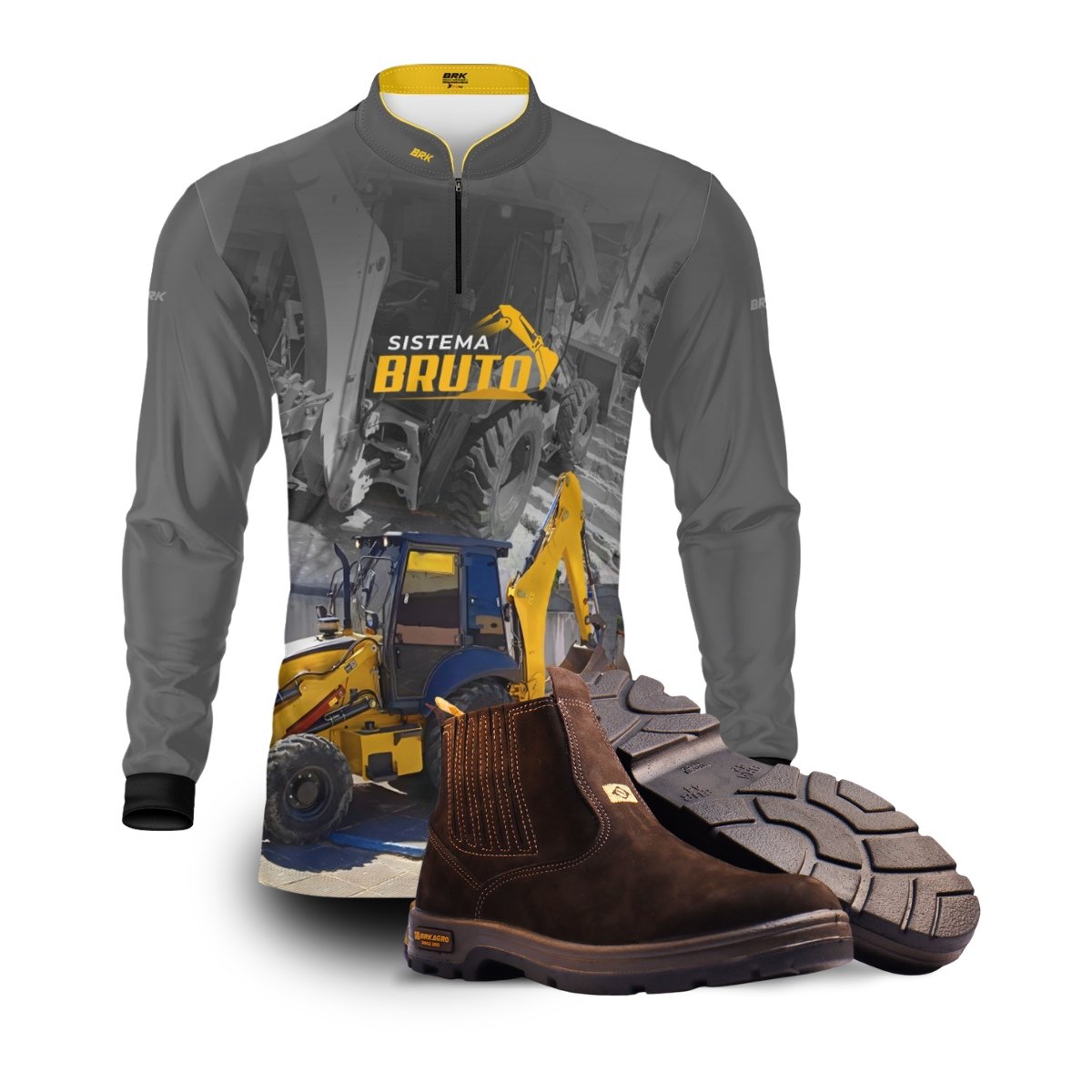 Kit Sistema é Bruto: Camisa Máquina Retroescavadeira + Botina Marrom Agro Brk