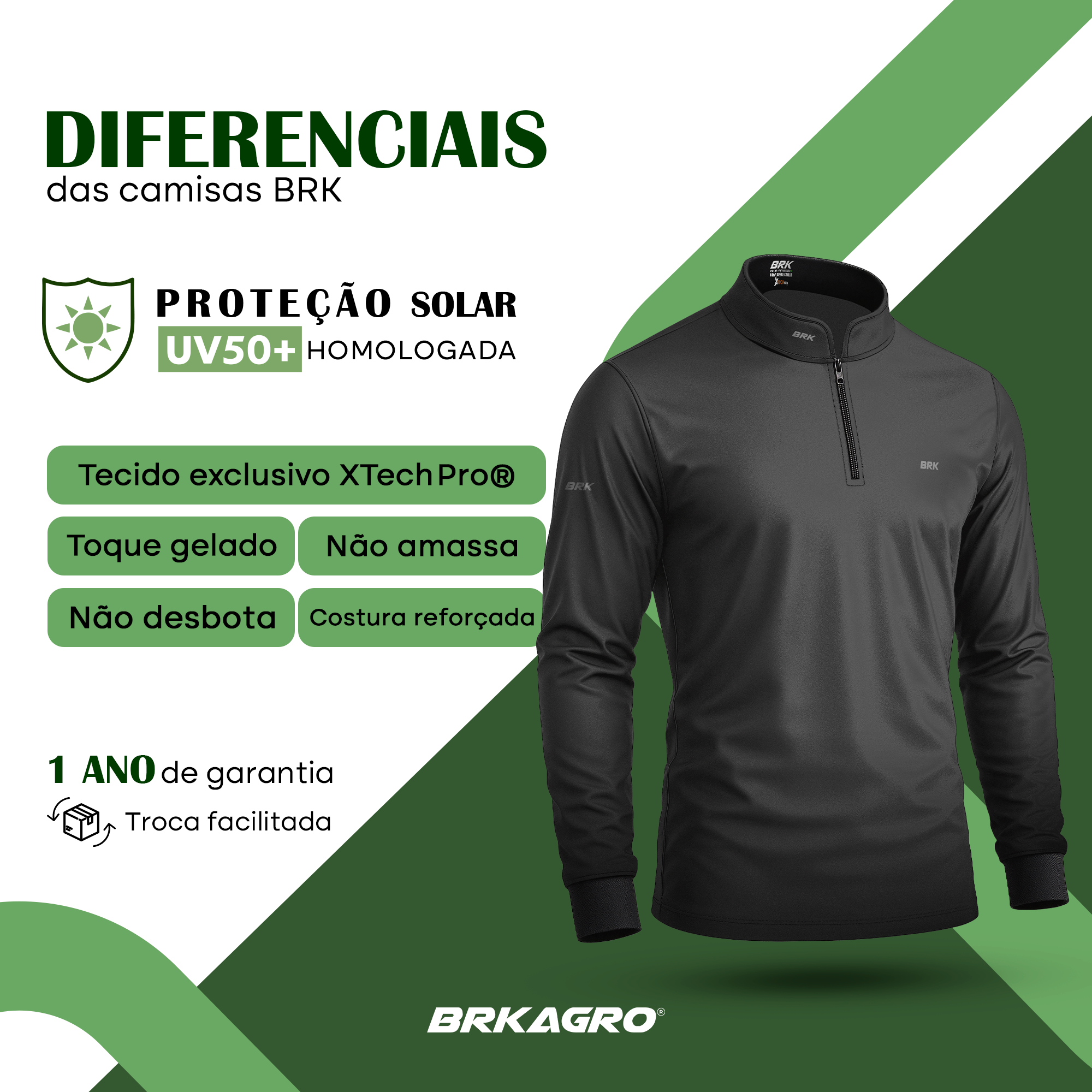 Kit Uniforme 3 Camisas Térmicas Básicas Pretas com Proteção Solar - Brk Agro