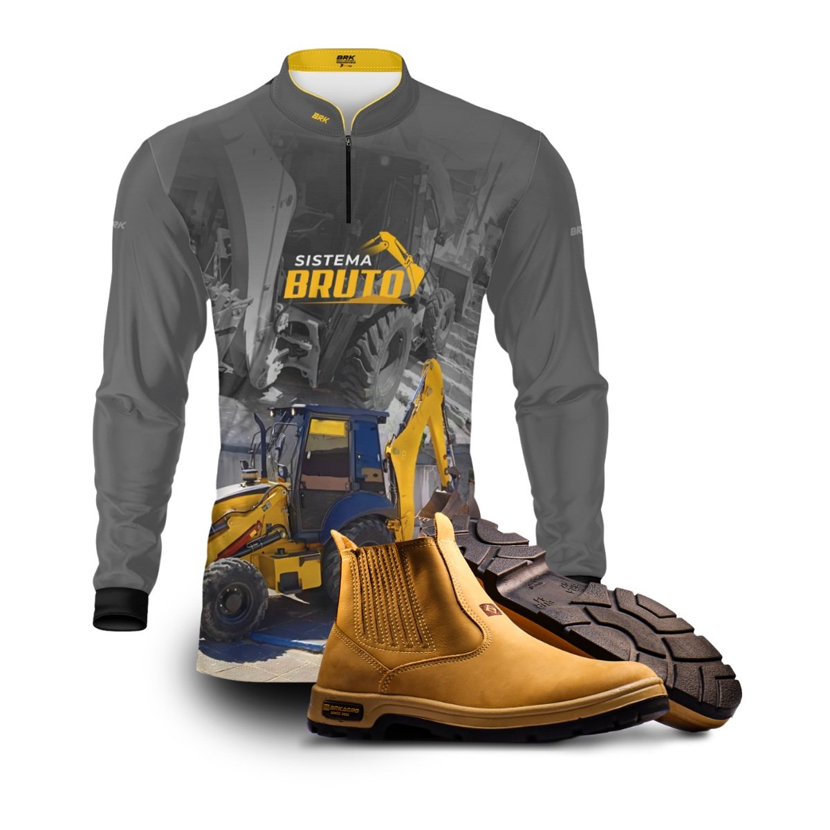 Kit Sistema é Bruto: Camisa Máquina Retroescavadeira + Botina Caramelo Agro Brk