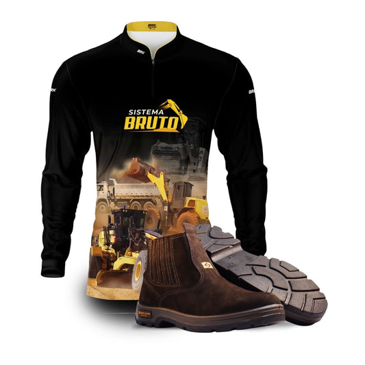 Kit Sistema é Bruto: Camisa Preta Asfaltamento + Botina Marrom Agro Brk