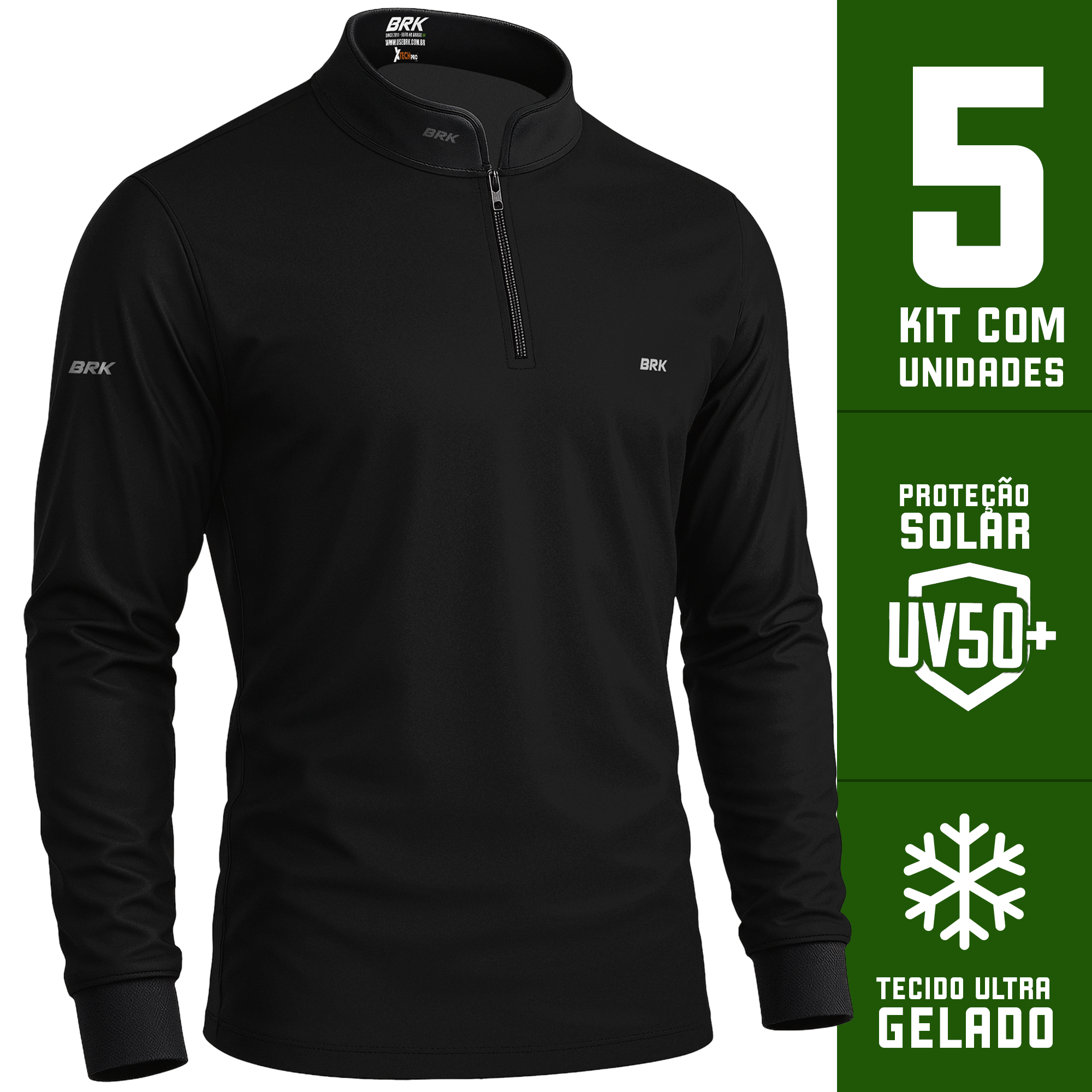 Kit 5 Camisas Básica Preta com Proteção Solar UV50+ - Brk Agro
