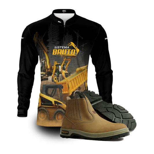 Kit Sistema é Bruto: Camisa Preta Bobcat Construção Civil + Botina Bege Agro Brk