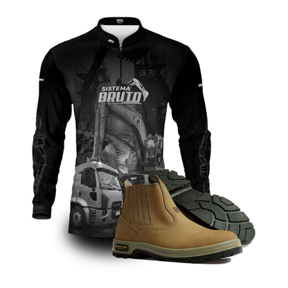 Kit Sistema é Bruto: Camisa Preto e Branco Caminhão Basculante + Botina Bege Agro Brk
