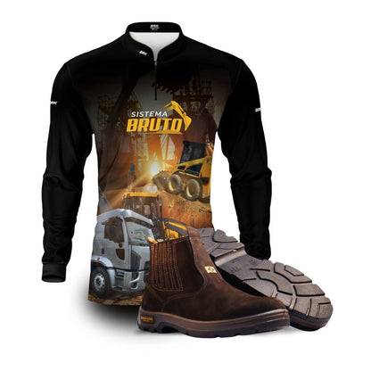 Kit Sistema é Bruto: Camisa Caminhão Basculante + Botina Marrom Agro Brk