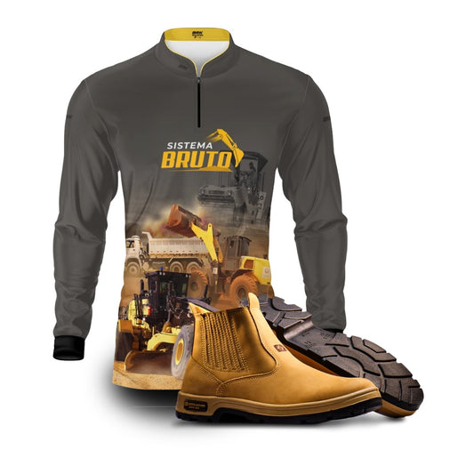 Kit Sistema é Bruto: Camisa Asfaltamento + Botina Caramelo Agro Brk