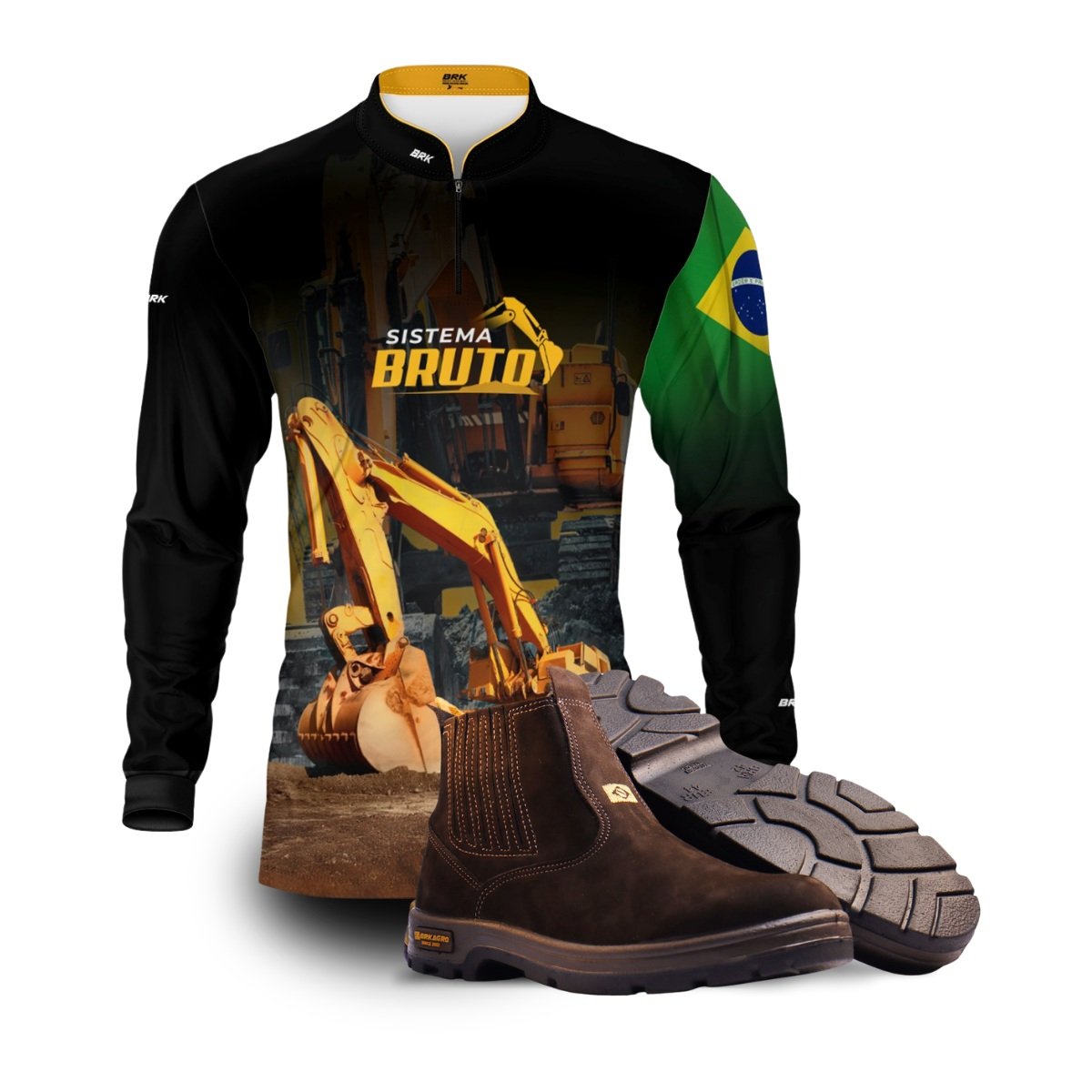 Kit Sistema é Bruto: Camisa Preta Escavadeira + Botina Marrom Agro Brk