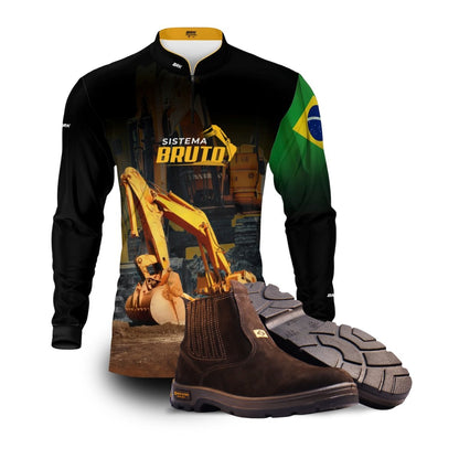 Kit Sistema é Bruto: Camisa Preta Escavadeira + Botina Marrom Agro Brk