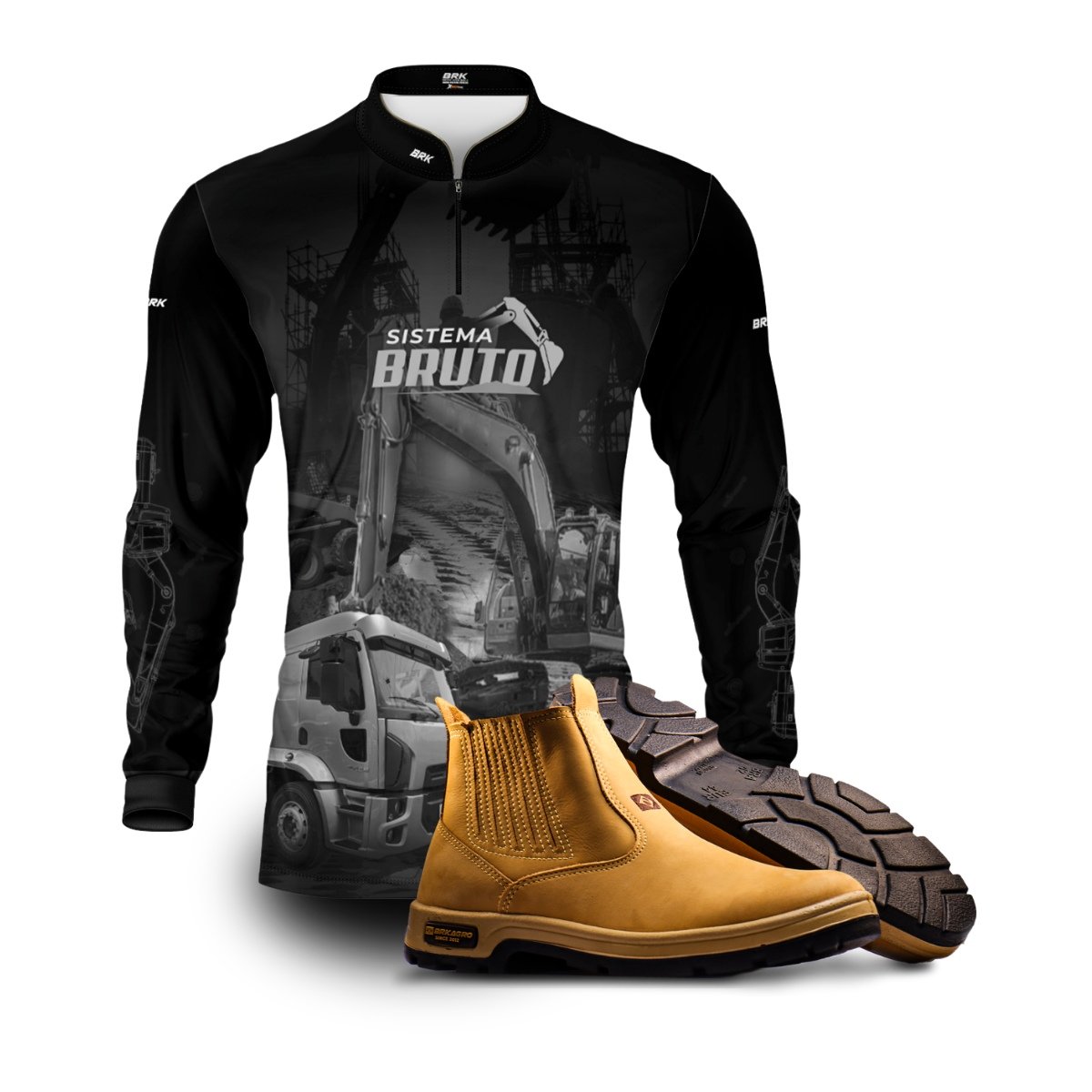 Kit Sistema é Bruto: Camisa Preto e Branco Caminhão Basculante + Botina CarameloAgro Brk