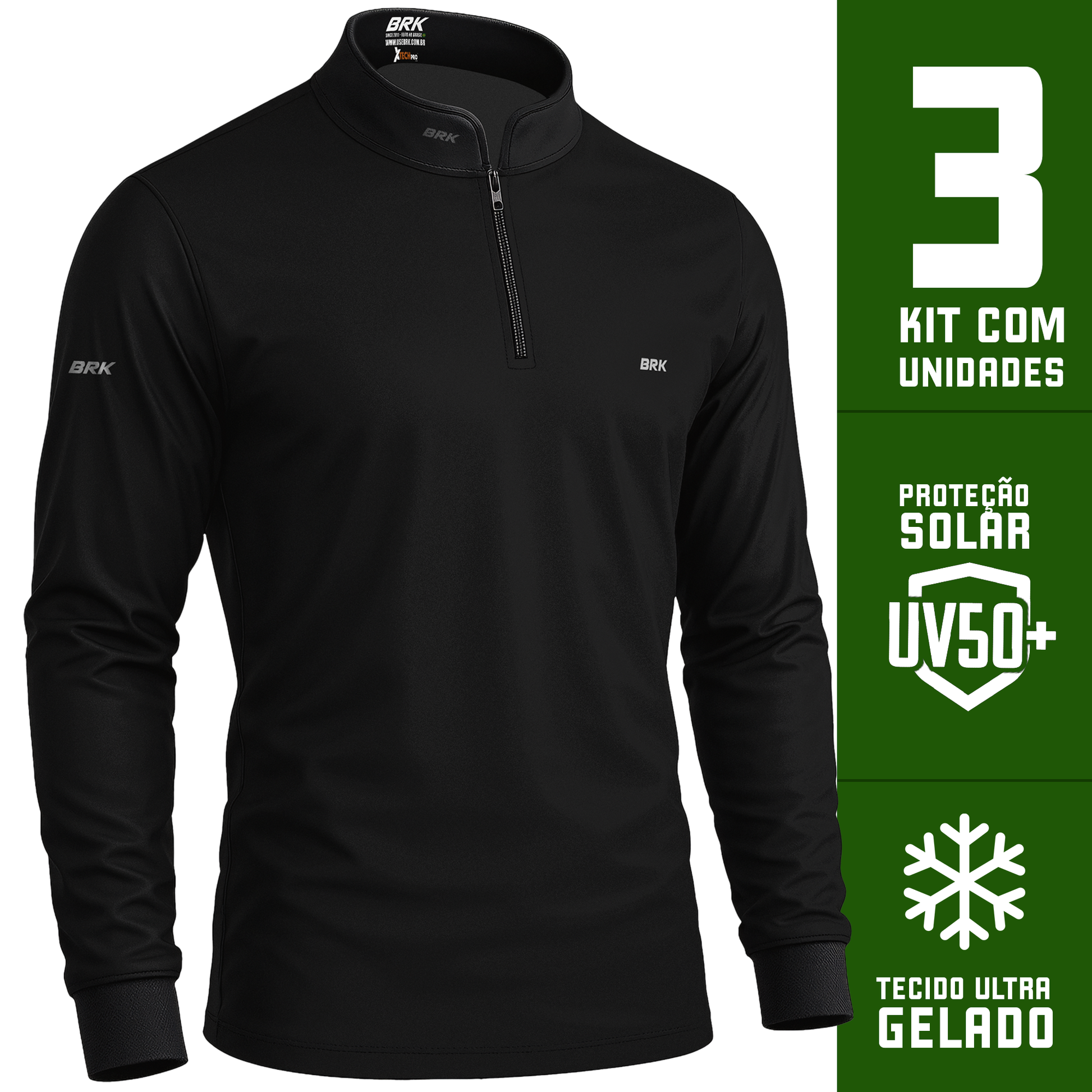Kit Uniforme 3 Camisas Térmicas Básicas Pretas com Proteção Solar - Brk Agro