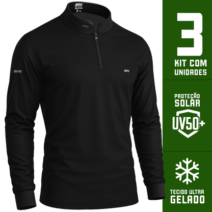 Kit Uniforme 3 Camisas Térmicas Básicas Pretas com Proteção Solar - Brk Agro