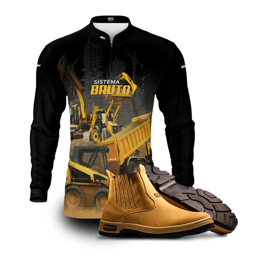 Kit Sistema é Bruto: Camisa Preta Bobcat Construção Civil + Botina Caramelo Agro Brk