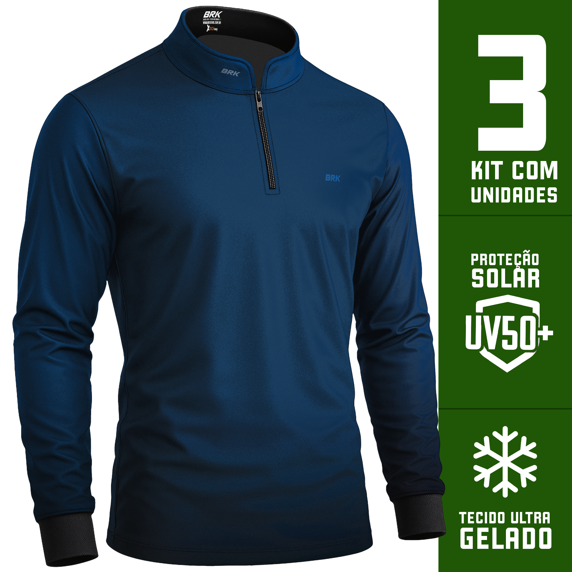 Kit Uniforme 3 Camisas Térmicas com Proteção Solar Azul e Preta - Brk Agro