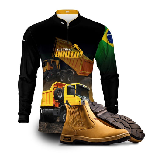 Kit Sistema é Bruto: Camisa Preta Caminhão Basculante + Botina Marrom Agro Brk