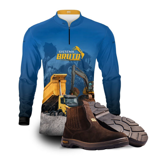 Kit Sistema é Bruto: Camisa Azul Caminhão Basculante e Retroescavadeira + Botina Marrom Agro Brk