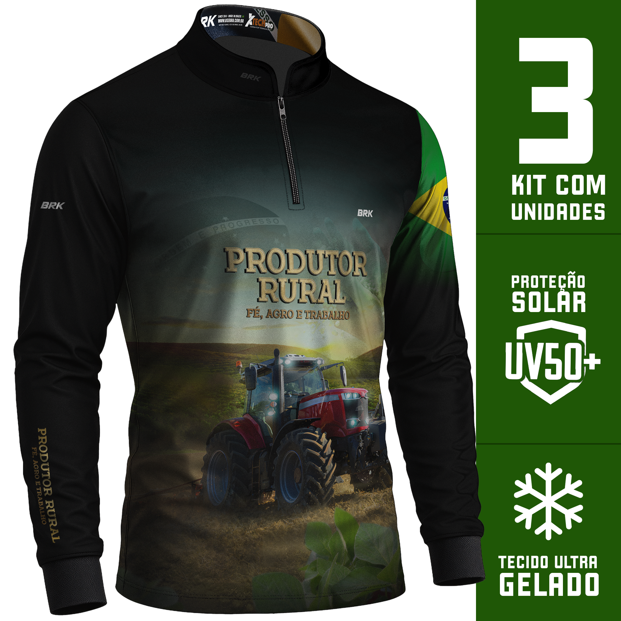 Kit 3 Camisas Produtor Rural com Proteção Solar UV50+ - Brk Agro