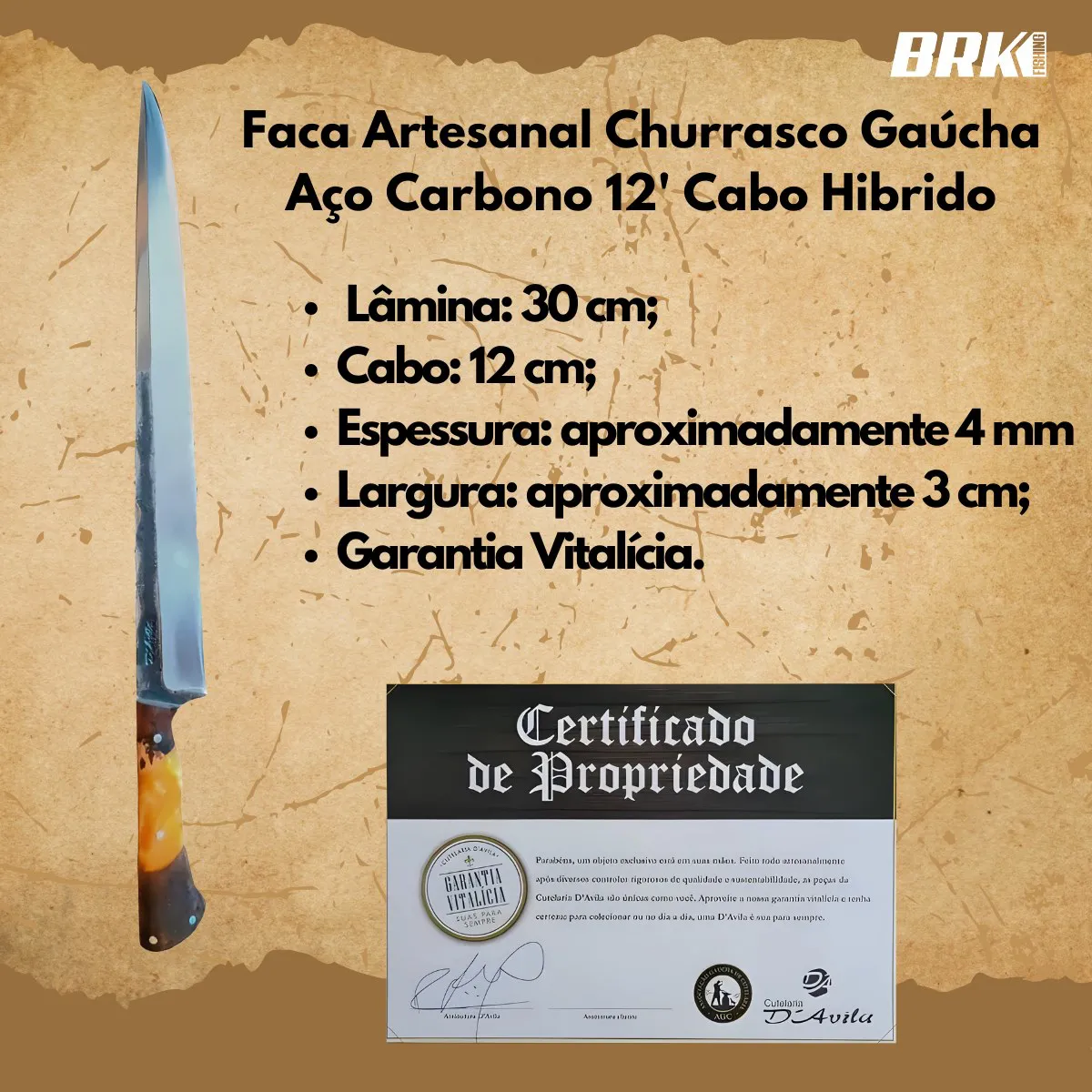 Faca Artesanal Gaúcha Churrasco Aço Carbono 8" Cabo Madeira - Brk Agro