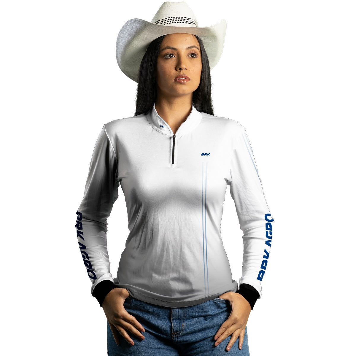 Camisa Feminina Agro Brk Básica Branca e Azul com Proteção Solar UV50+ - Brk Agro
