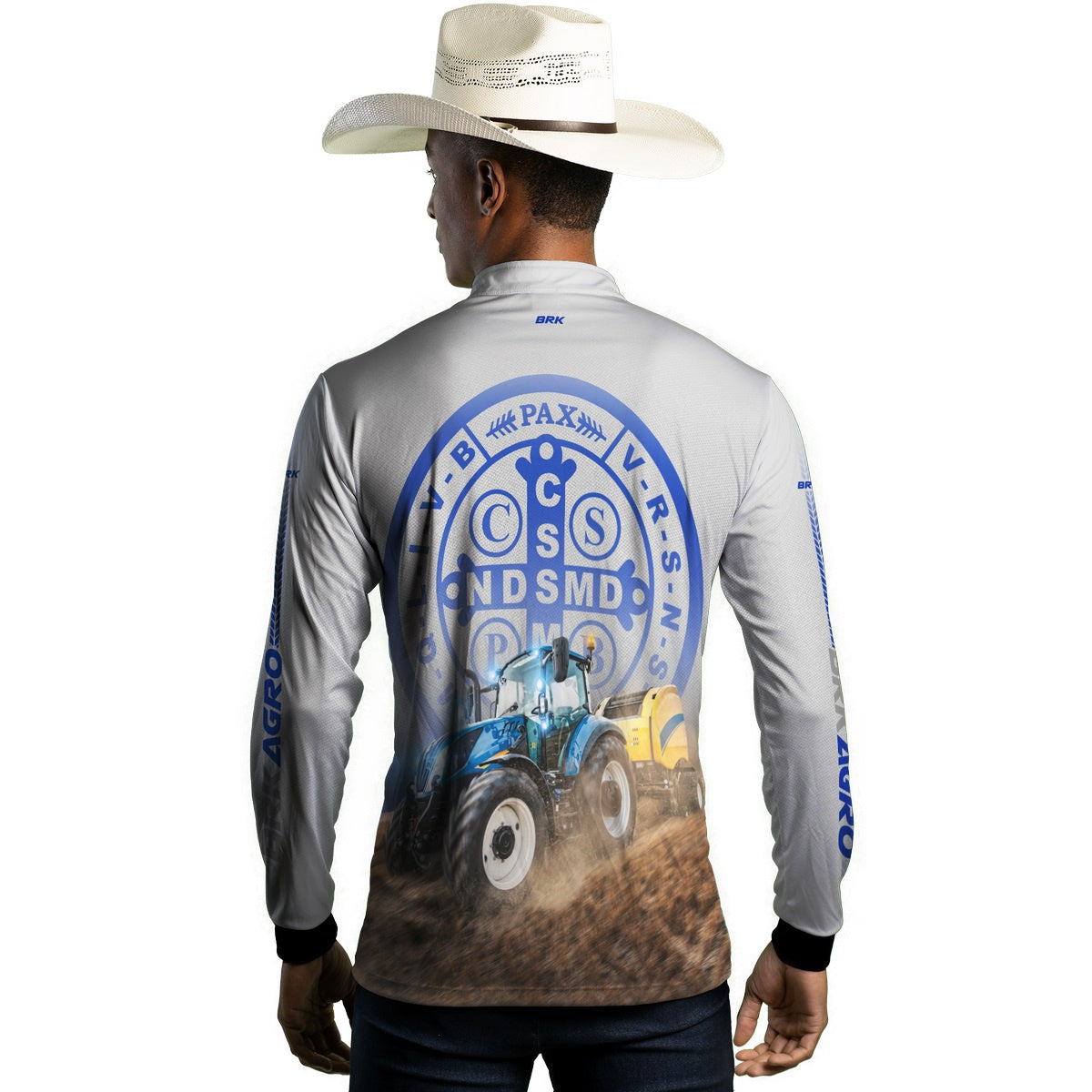 Camisa Agro Brk Trator Azul e Branco São Bento com Proteção Solar UV50+ - BRK AGRO