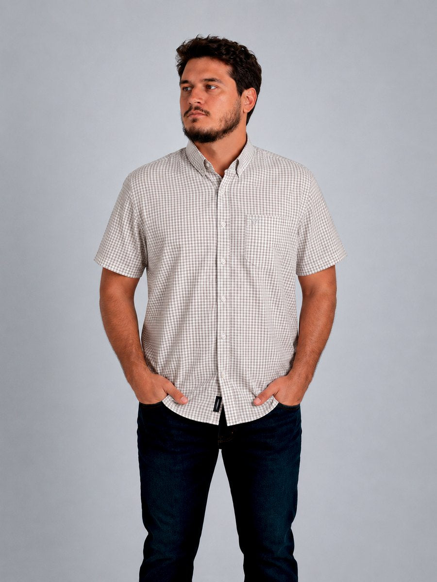 Camisa Xadrez Farm Bege - Manga Curta - Brk Agro
