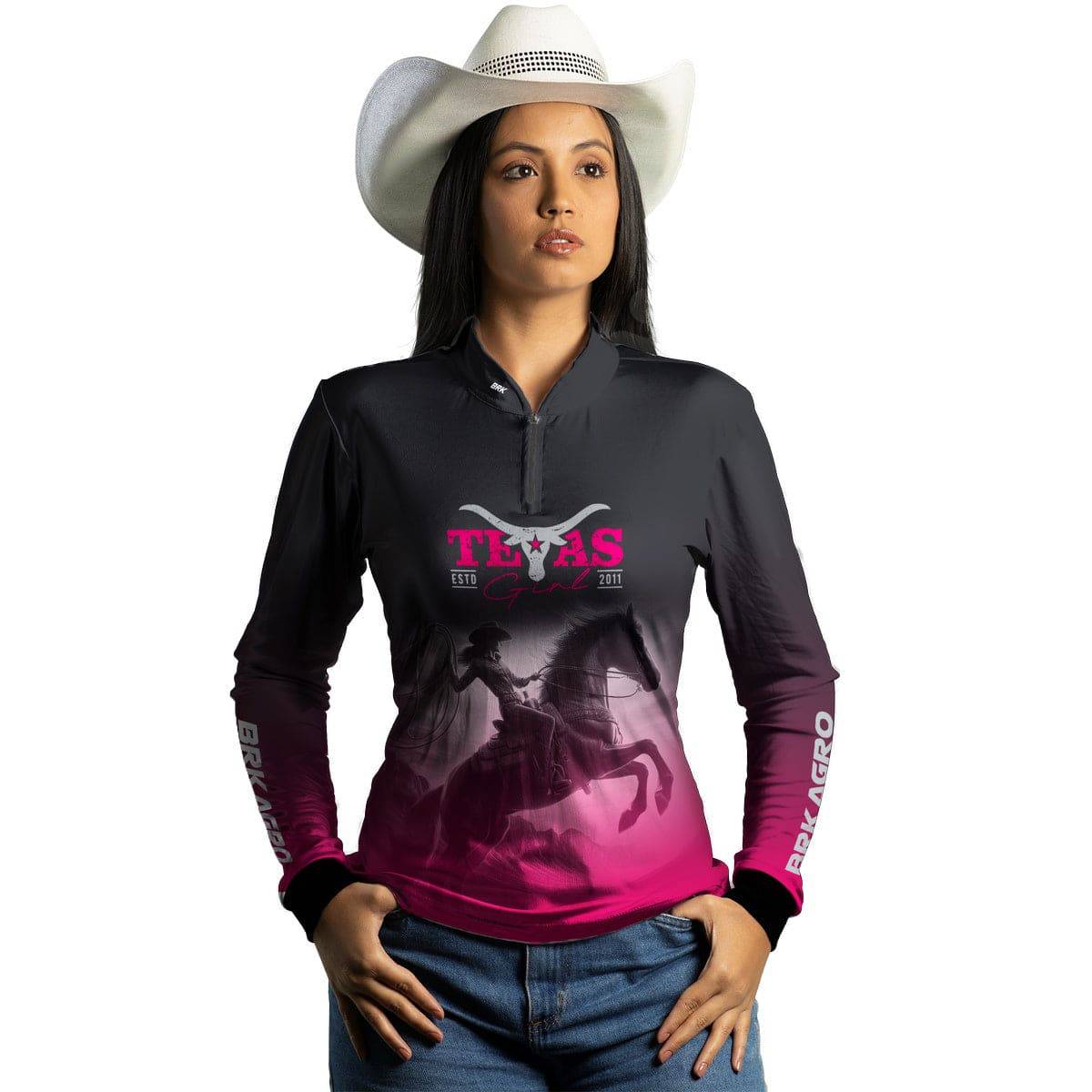 Camisa Agro Brk Feminina Texas Girl Preta e Rosa com Proteção Solar UV50+ - BRK AGRO